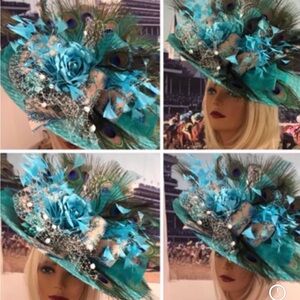Turquoise Peacock Feather Floral Derby Fascinator Hat - Women Accessories